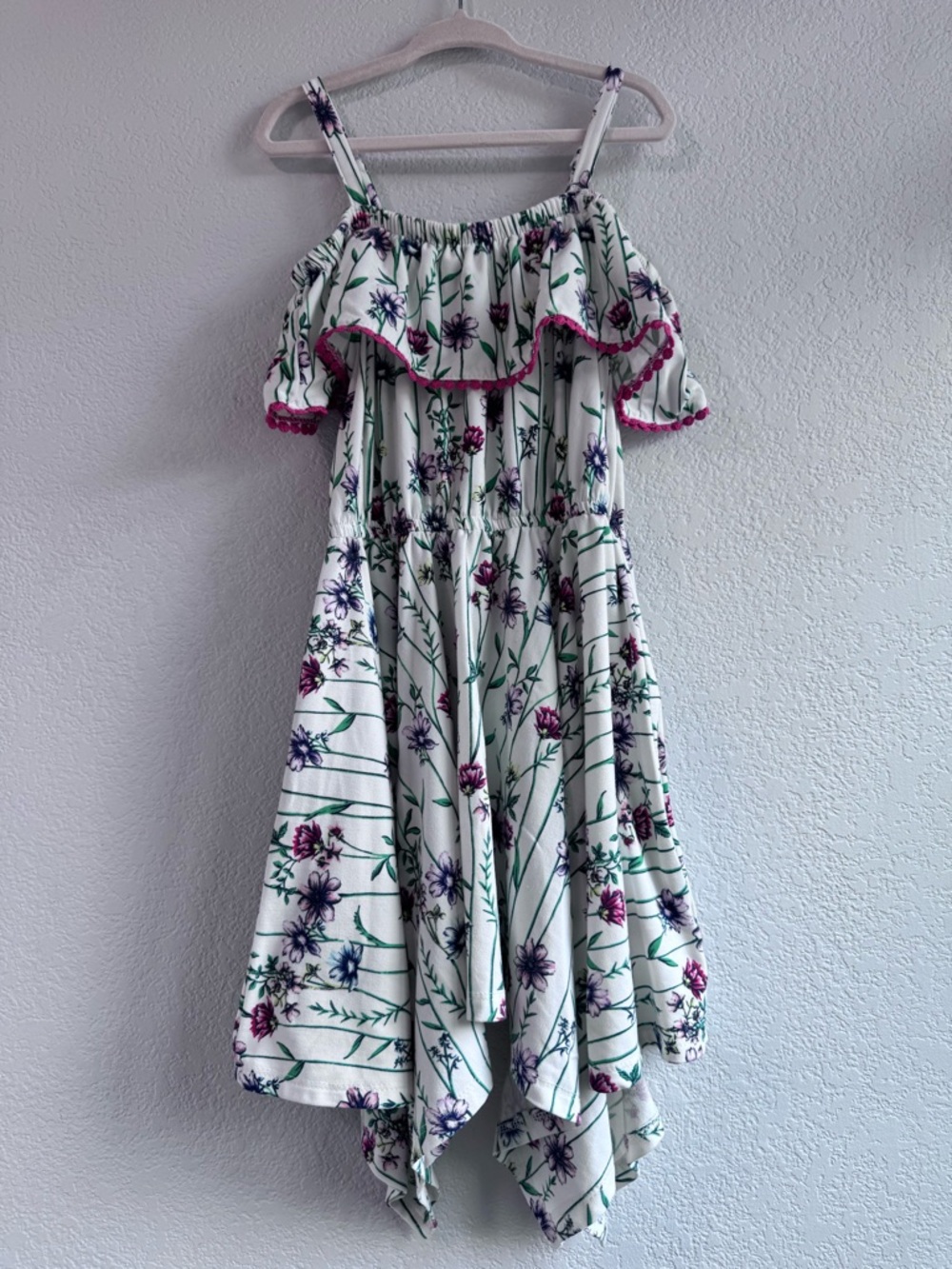 BCBGirls Floral Off Shoulder Dress Girls Size XS 5/6 Handkerchief Hem